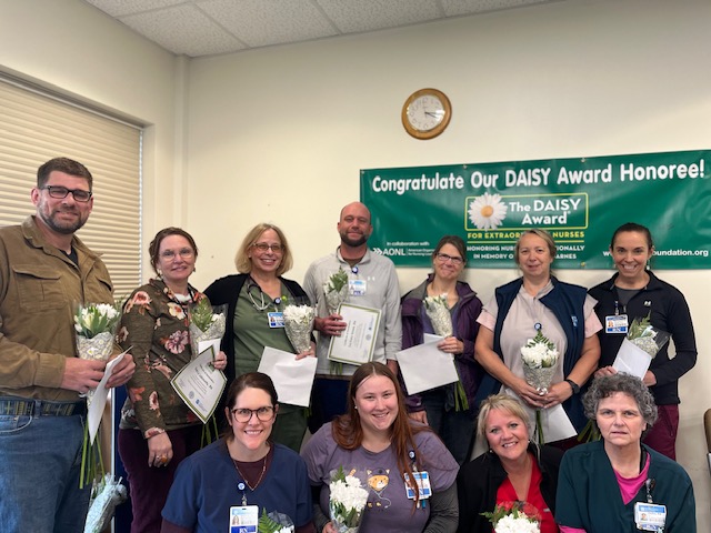 DAISY Award Nominees: Back row L-R: Todd Brown, RN, Darcy Labounty, Jean Allen-Horth RN, Zachary Howe, RN, Laurie Despins, LPN, Wendy Longmoore, RN, Hilary Smith, RN. Front row L-R: Grace Cruz, RN, Alison Gray, RN, Carmen Boudreau, RN, Pauline Sylvain, RN